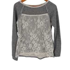 Jolt Gray White Floral Lace Boho Cottagecore Terry Knit Sweater Sweatshirt M